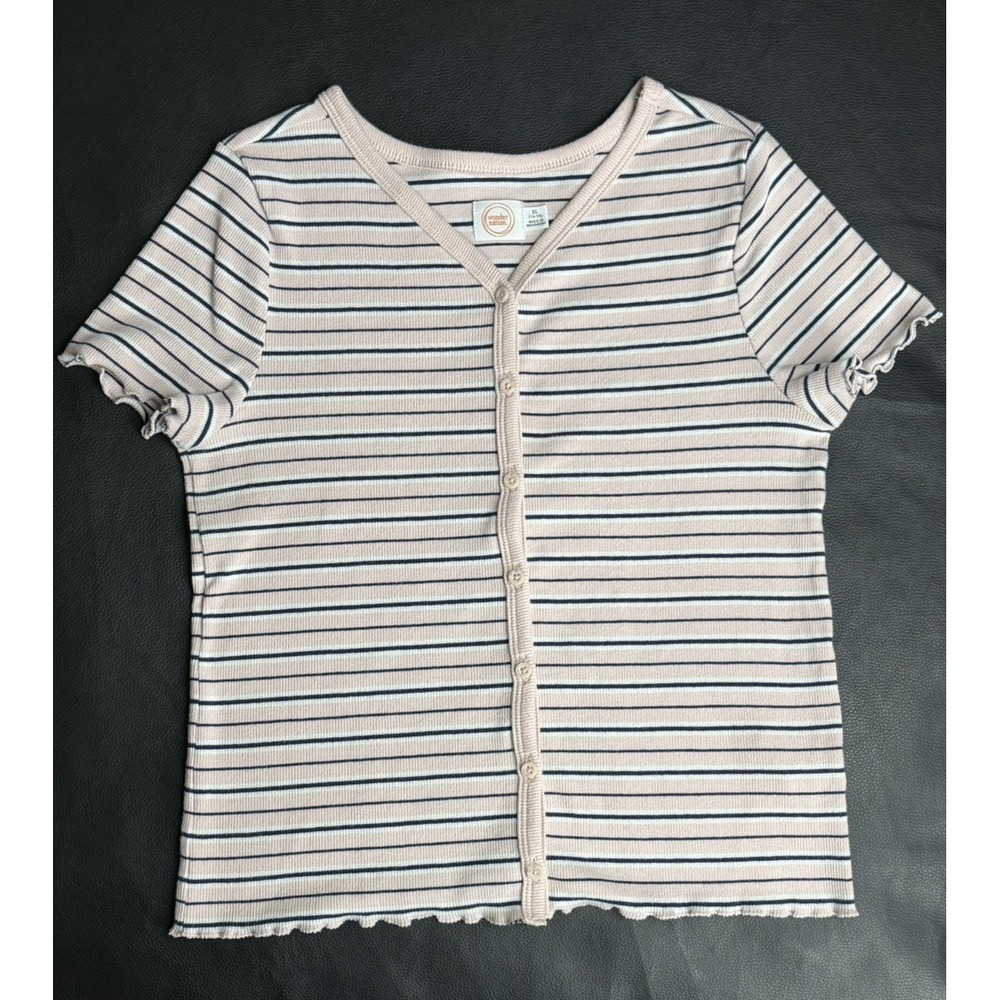 Pink Striped Ribbed Cardigan Womens XXS Baby Tee Lettuce Trim Y2K Inspired Top